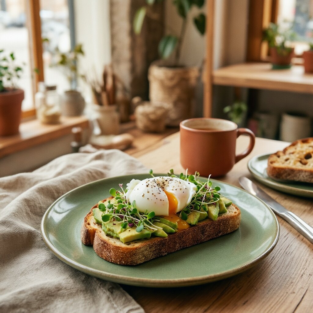 Avocado toast with a poached egg and microgreens on a sage green plate
