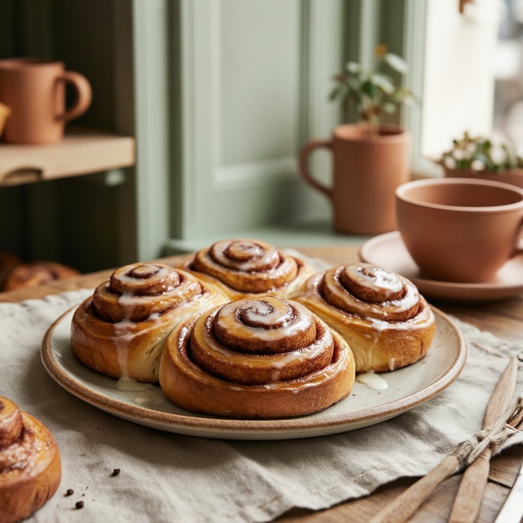 Freshly baked cinnamon rolls with glaze on a ceramic plate